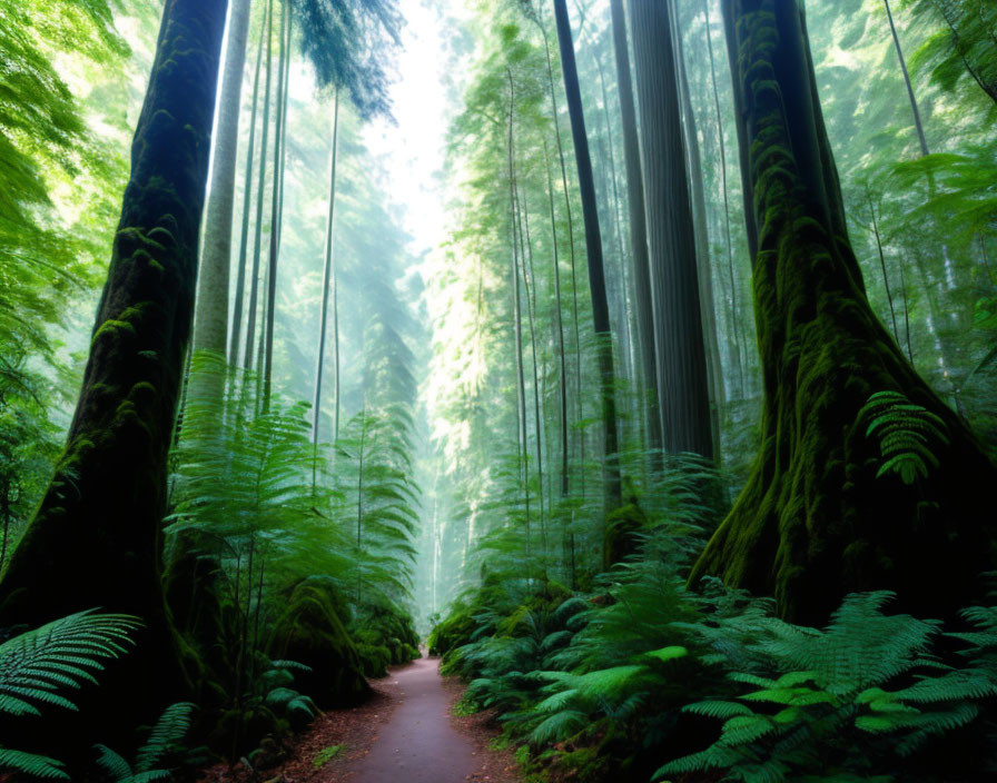 Misty forest with towering trees, winding path, and sunlight beams.