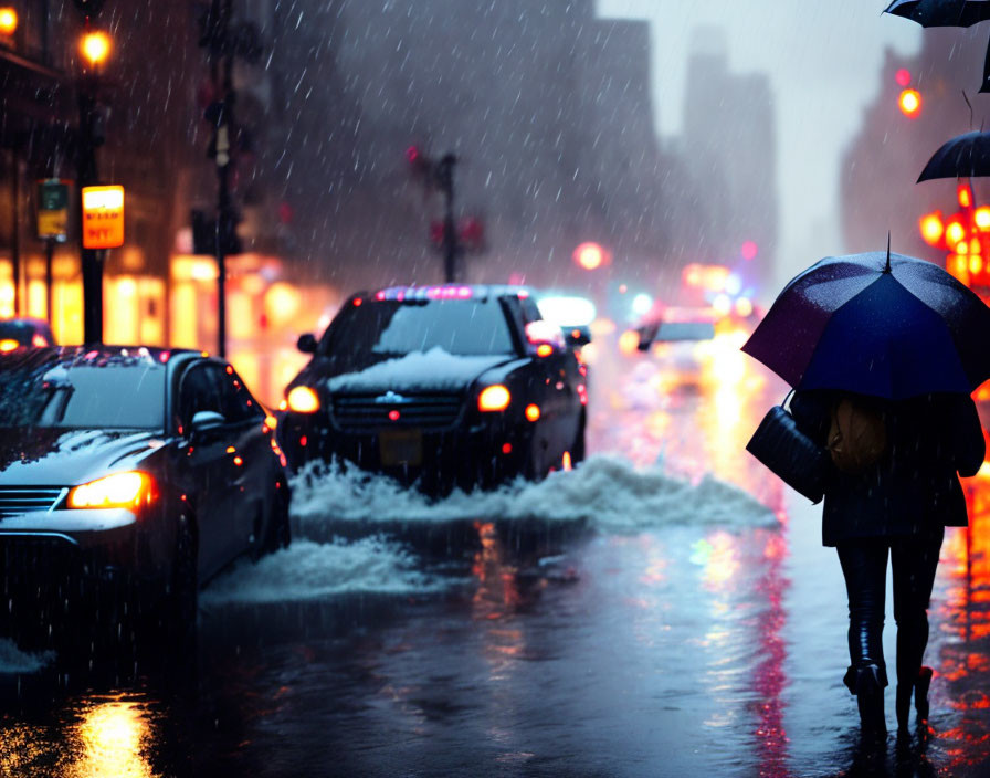 Pedestrian with umbrella on snowy street at dusk, cars' headlights reflecting.