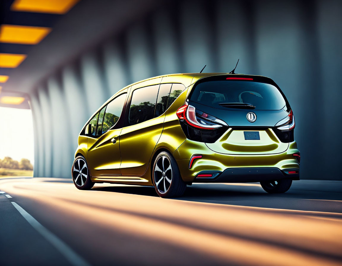 Compact yellow car in tunnel with sunlight, sleek design.