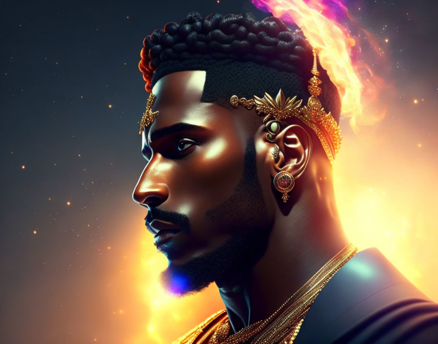 Stylized man with golden jewelry and fiery aura on dark background