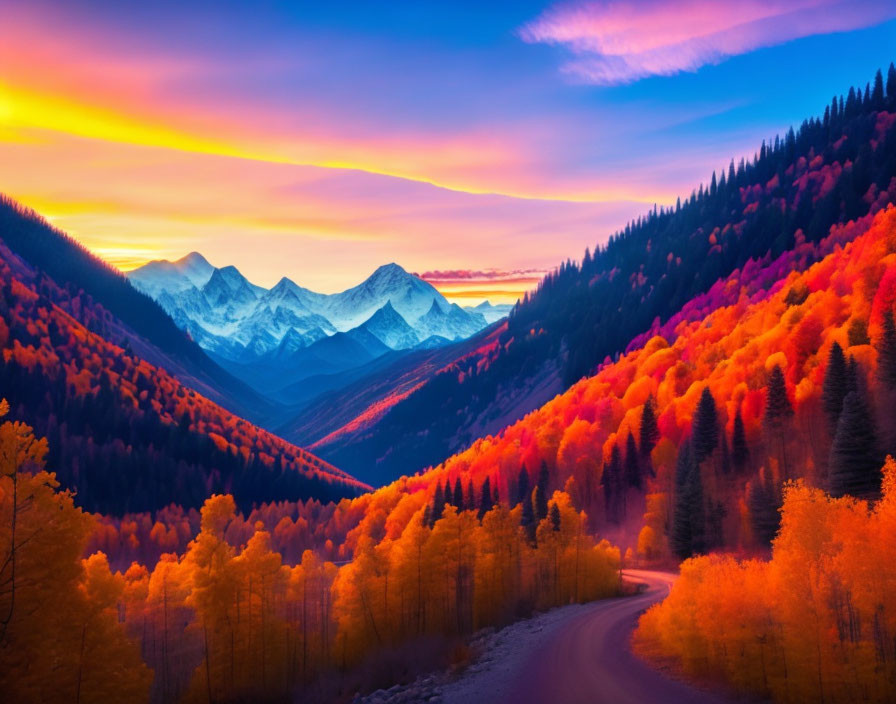 Scenic sunset over mountain landscape with winding road