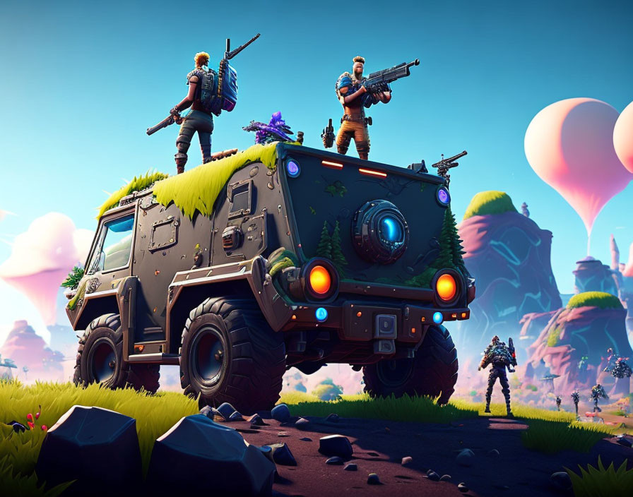 Armed characters in colorful landscape with rugged vehicle and balloons