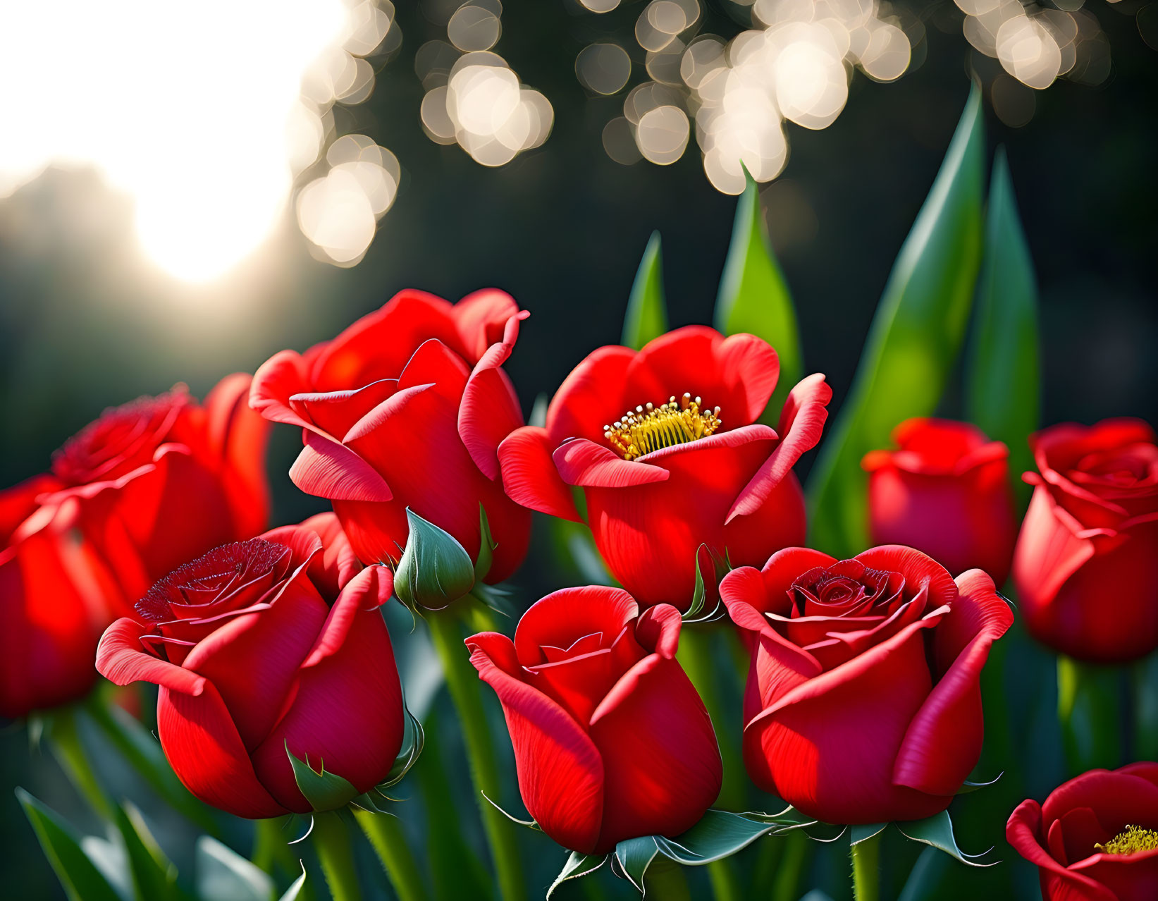 Bright Red Roses with Yellow Stamens in Soft Sunlight and Green Bokeh