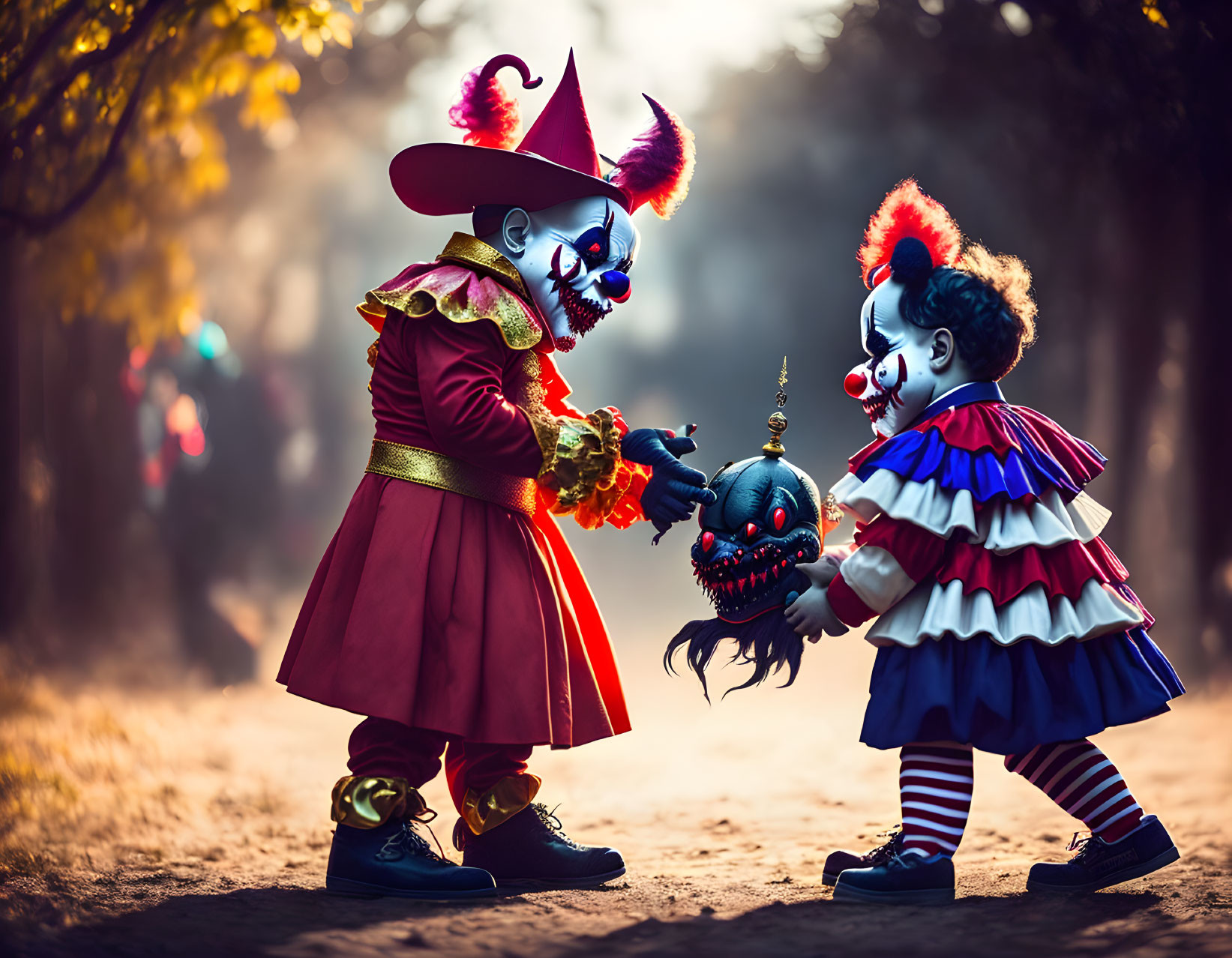 Children in clown costumes with scary masks holding hands in forest setting with spooky doll