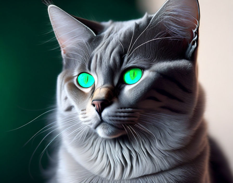 Gray Striped Cat with Green Eyes on Blurred Background