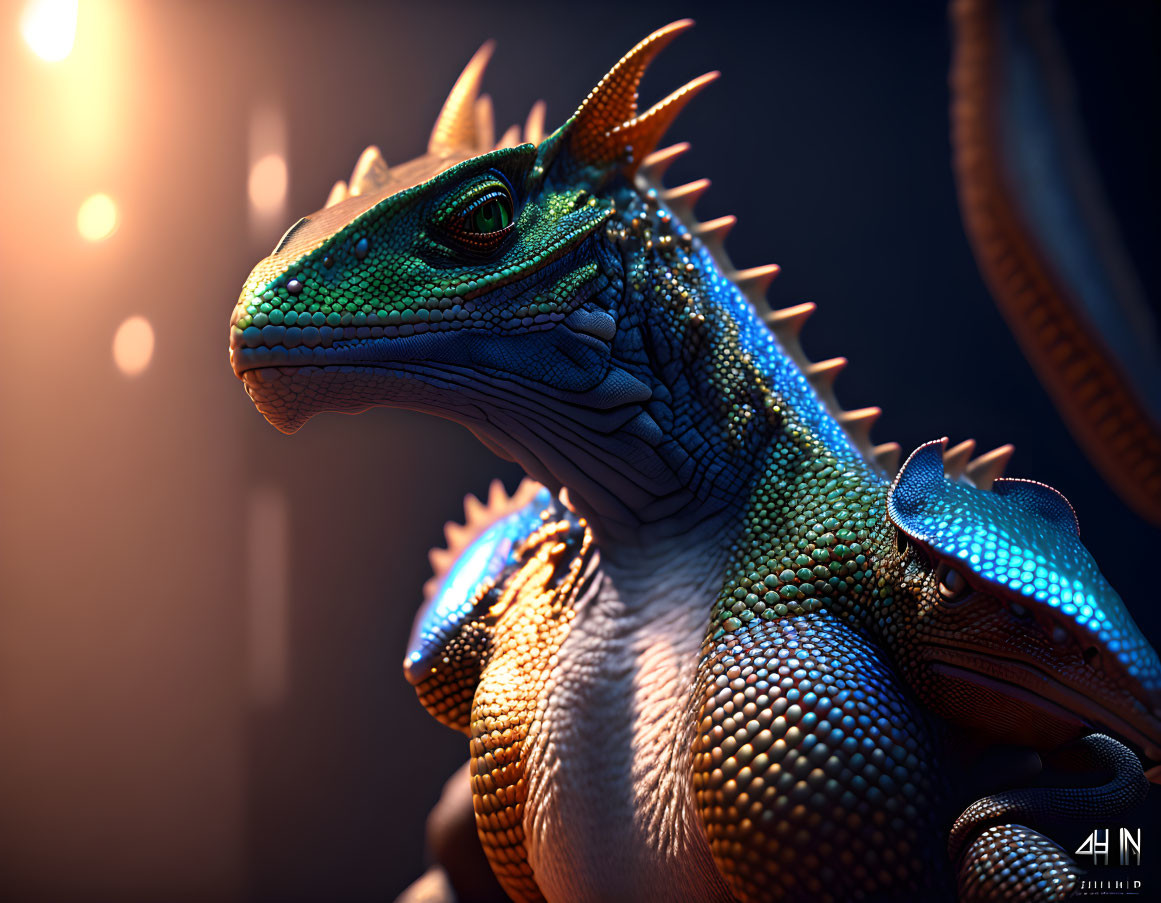 Hyper-realistic green and blue iguana with orange spikes on dark background