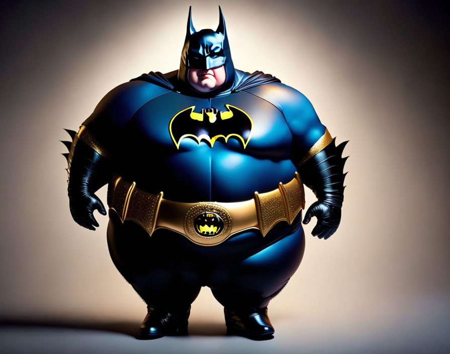 Stylized overweight Batman in black-and-blue costume