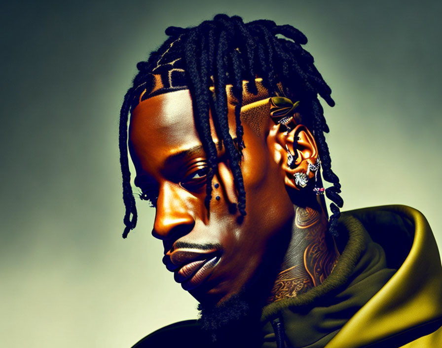 Man with dreadlocks, piercings, and neck tattoos in yellow jacket on gradient backdrop