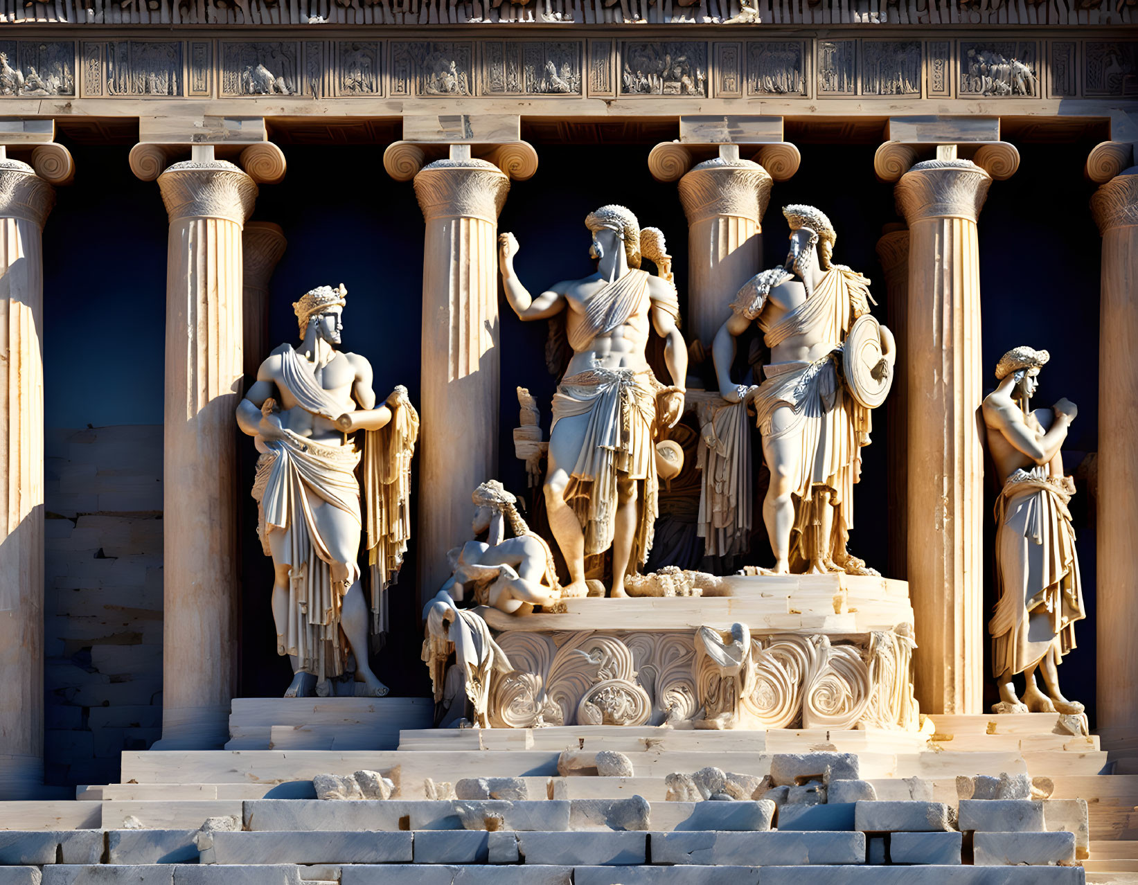 Classical Greek sculptures of gods and heroes on temple facade