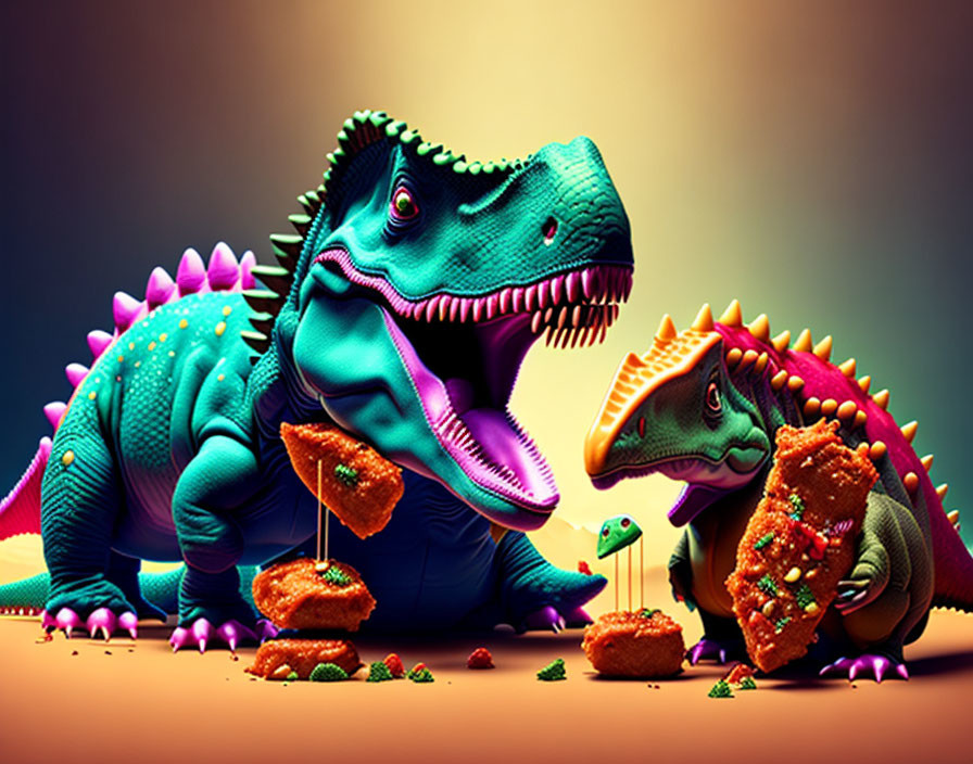 Colorful toy dinosaurs with drumstick and burger on warm gradient background