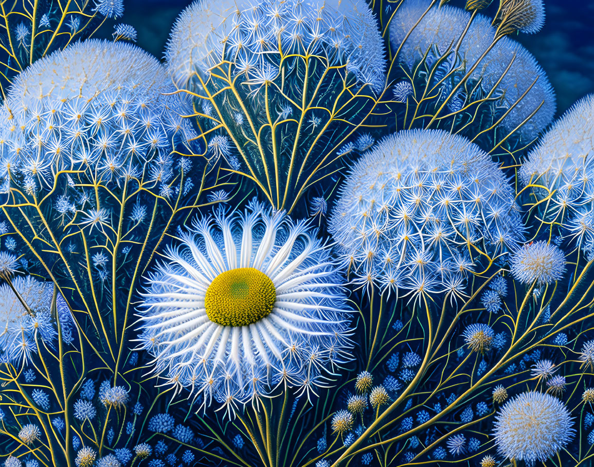 Detailed Cluster of White Dandelions on Dark Blue Background