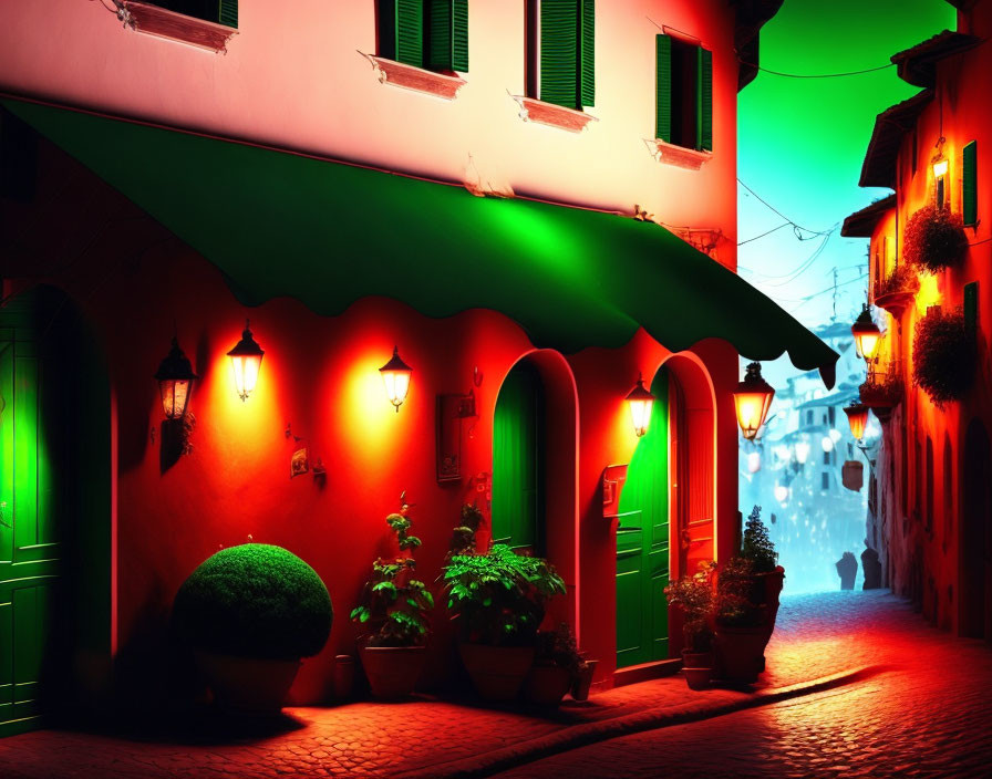 Colorful Dusk Alley with Warm Lights and Plants