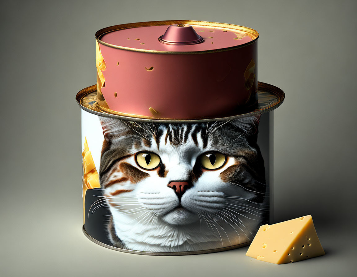 Surreal image: cat's face on tin can label with cheese pieces