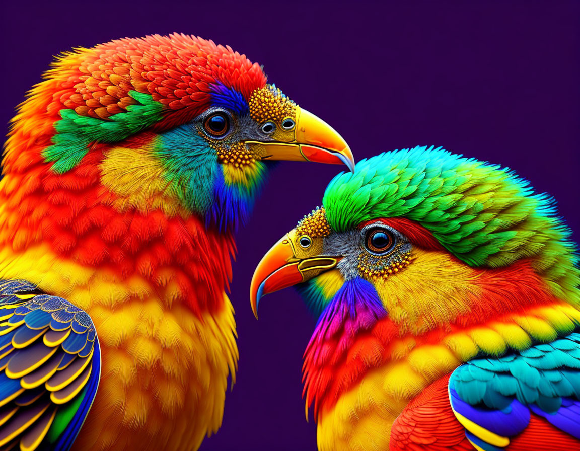 Colorful Parrots Facing Each Other on Purple Background