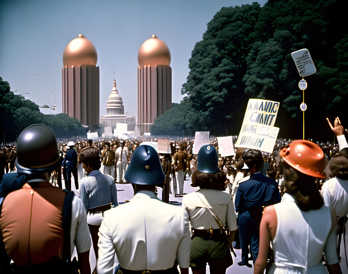 Crowd Protests at Capitol with Sci-Fi Structures and Police