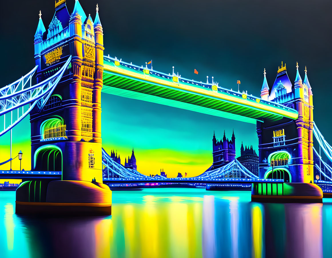 Digitally-altered night view of Tower Bridge with neon colors