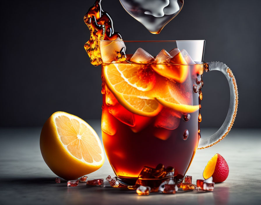 Iced tea poured over ice cubes with lemon and strawberry