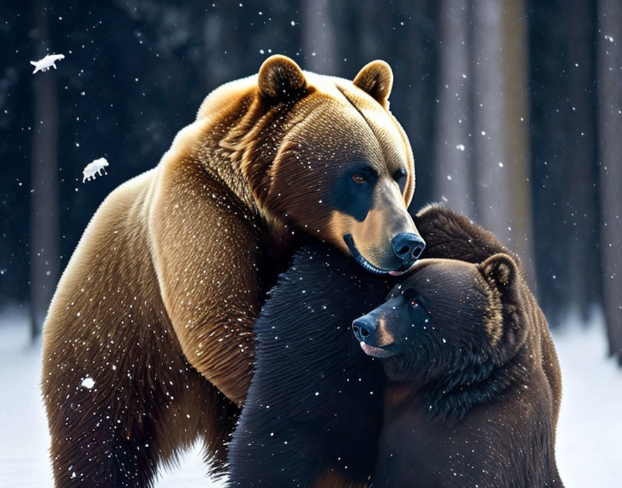 Bears embracing in snowy forest with falling snowflakes