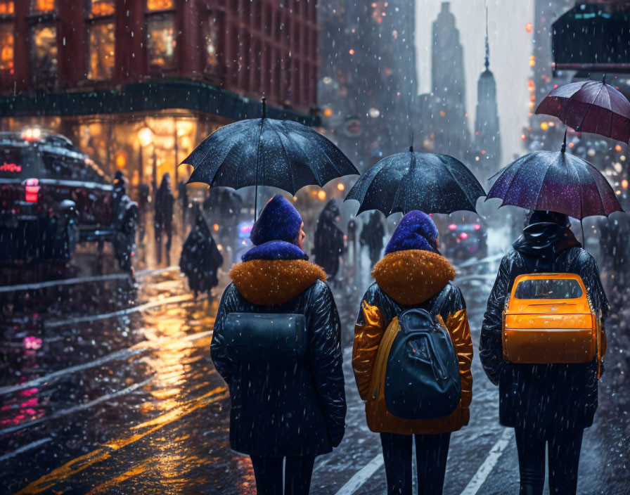 Snowy evening commute: People with umbrellas on wet city street