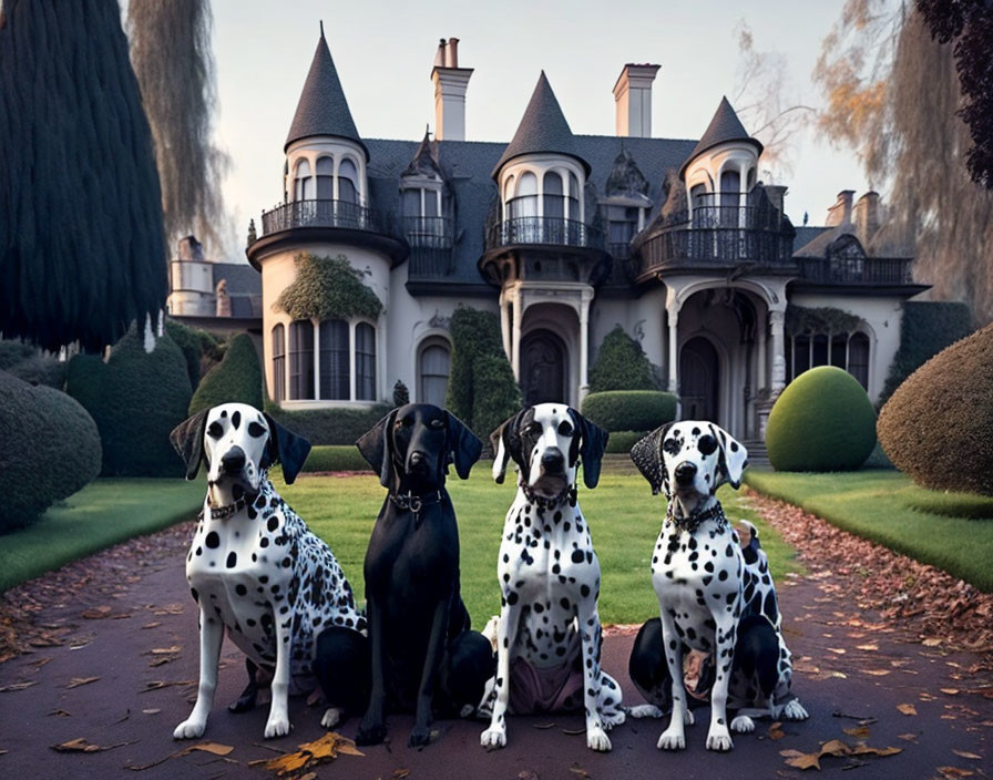 Four Dalmatians in front of elegant mansion with turrets and manicured hedges at dusk