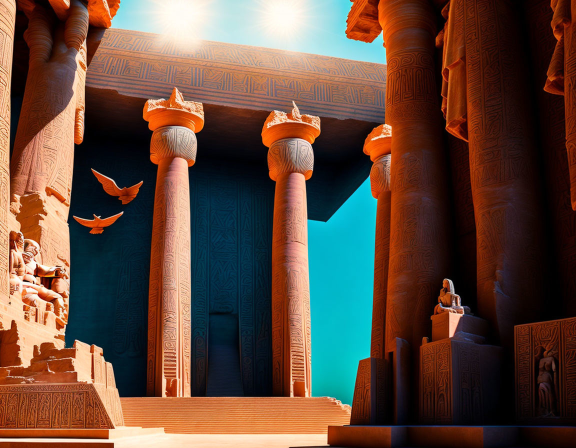 Detailed 3D render of Egyptian temple with towering columns, hieroglyphs, and statues under