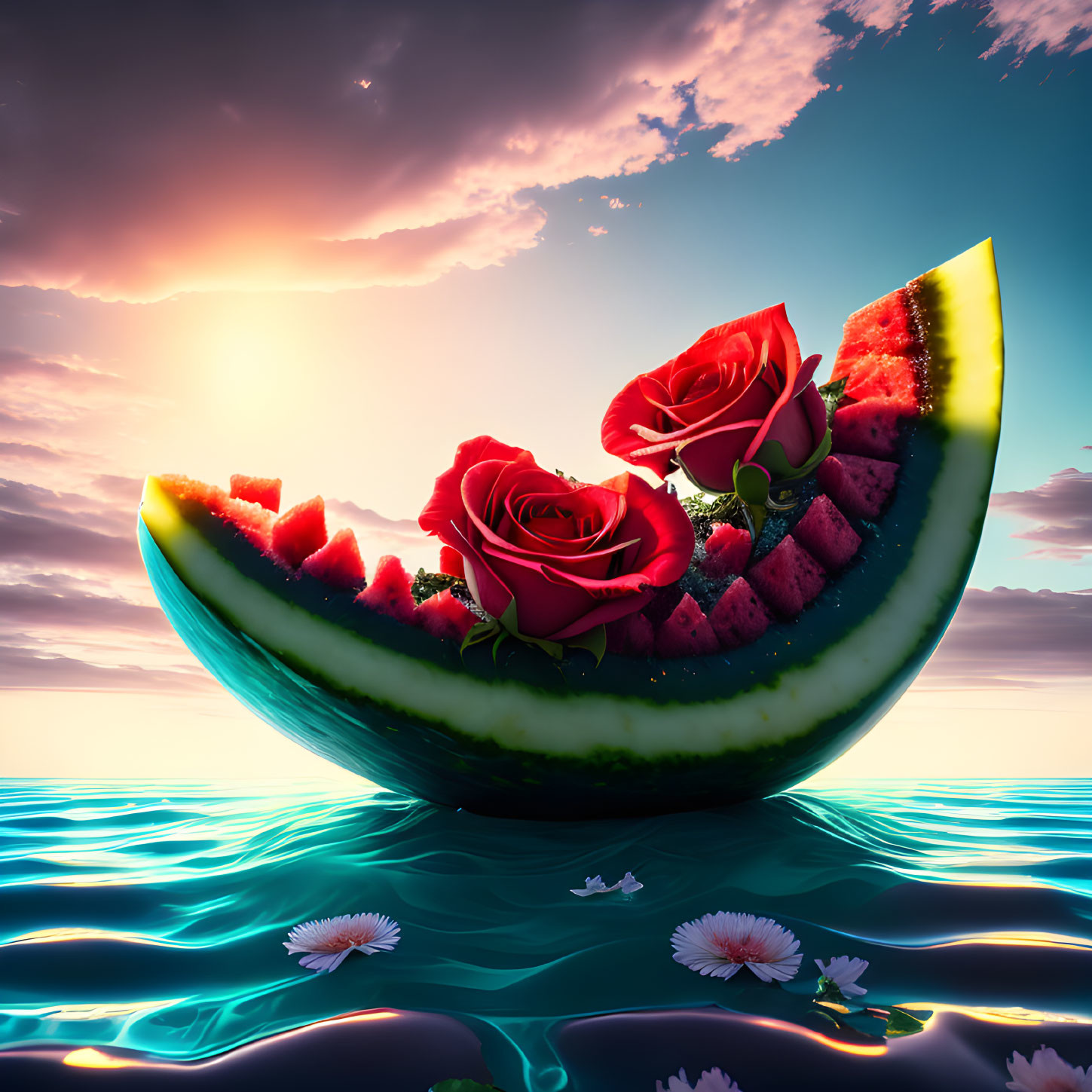 Watermelon Boat with Red Roses Sailing on Tranquil Sea