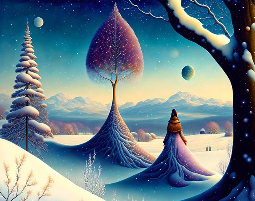 Snow-covered trees, cloaked figure, planets, and magical tree in night winter scene