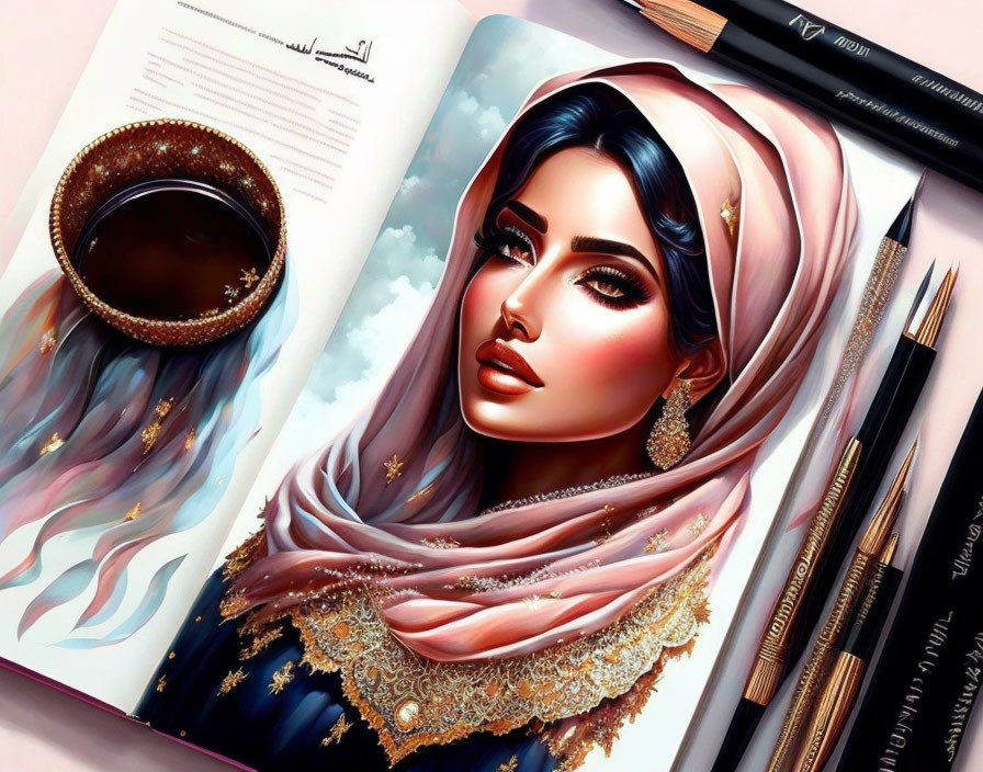 Magazine illustration: Woman with headscarf, coffee, drawing materials