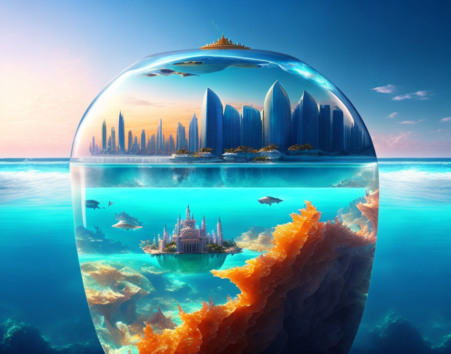 Surreal cityscape under transparent dome with marine life in vibrant underwater setting