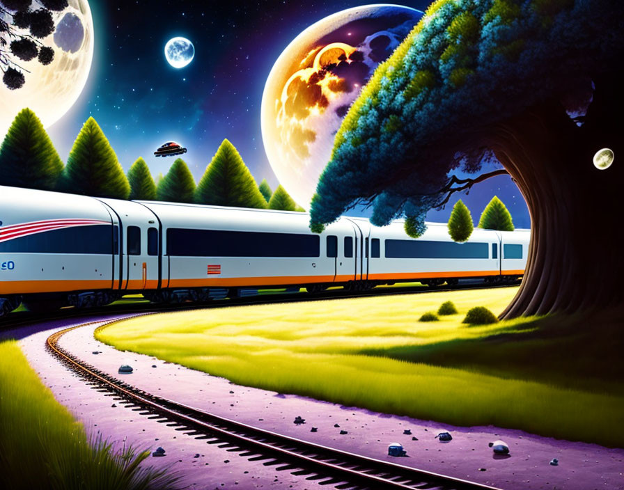 Futuristic train in vibrant, fantastical landscape with oversized moons, UFO, and solitary tree