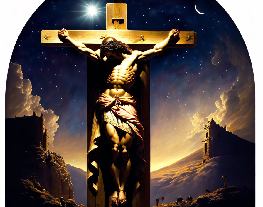 Crucifixion scene with glowing cross in night sky.