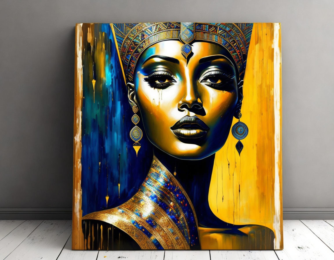 Stylized African Queen Canvas Art in Blue and Gold Tones