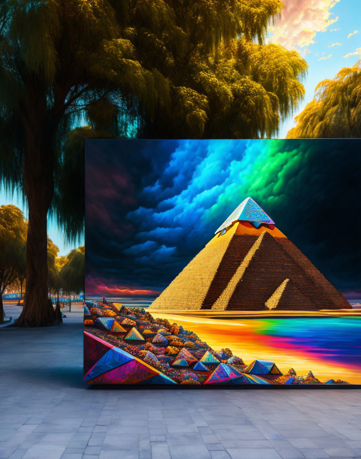 Colorful surreal pyramid artwork under stormy sky on canvas in outdoor setting