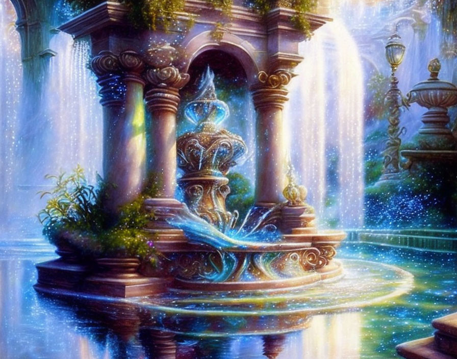 Magical fountain with cascading water and glowing light in lush greenery