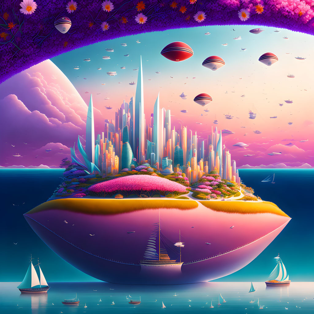 Surreal floating island cityscape with futuristic buildings and airships