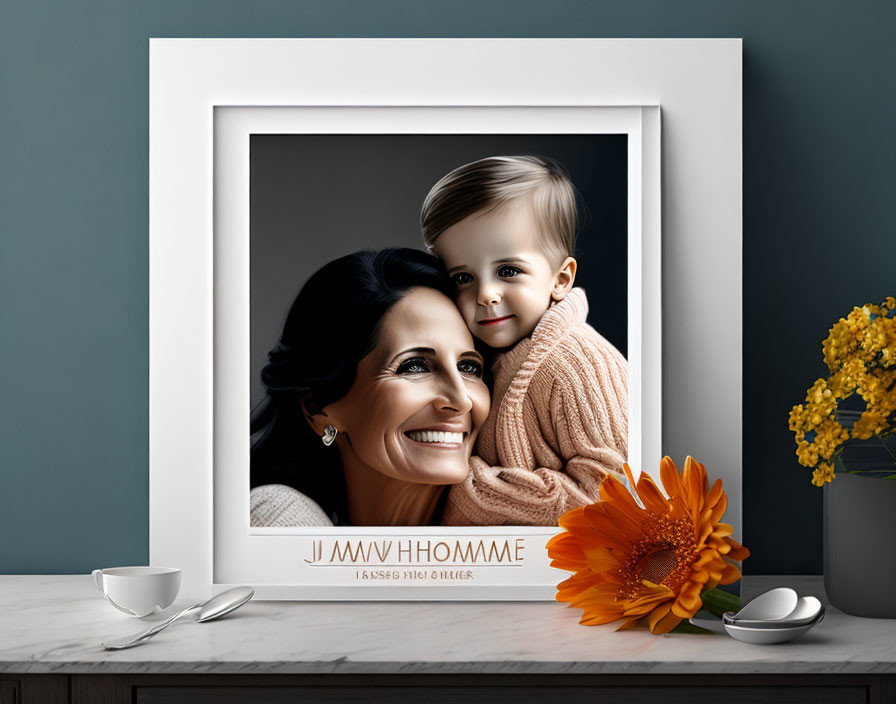 Smiling woman and child in framed photo with flower vase and tea set