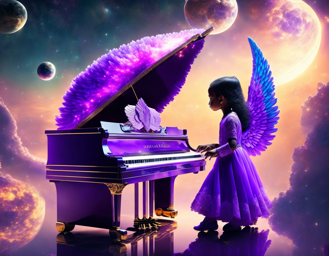 Young girl with wings playing winged piano in cosmic setting.