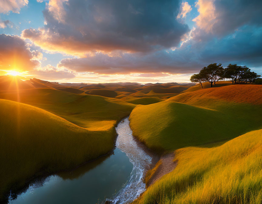 Scenic sunset landscape with winding river and golden hills