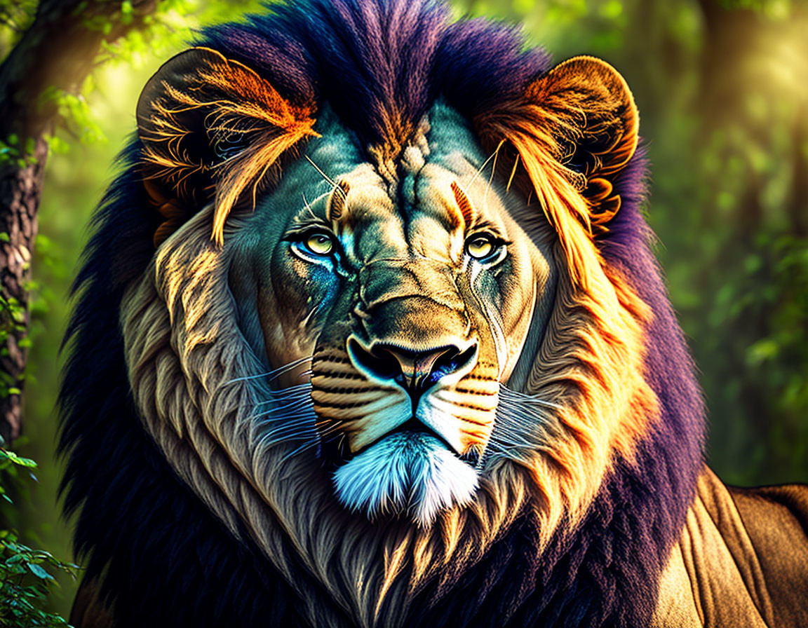 Majestic lion with vivid mane in lush forest portrait