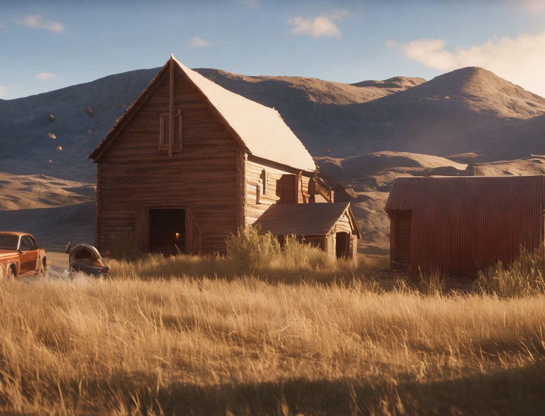 Rural landscape with old farmhouse, barn, and rolling hills