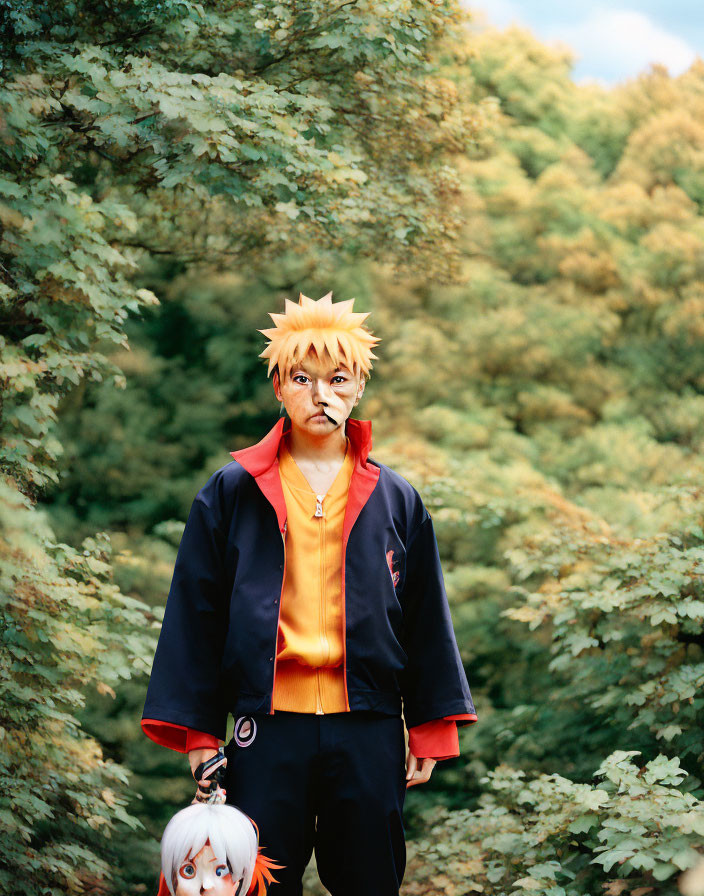 Person in Naruto cosplay with headband in wooded area holding plush toy