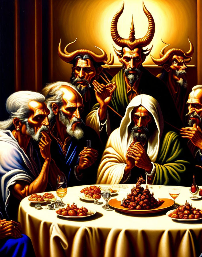 Colorful illustration: Men with horns dining in surreal setting