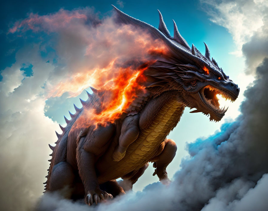 Fiery dragon with orange and red scales in dramatic sky