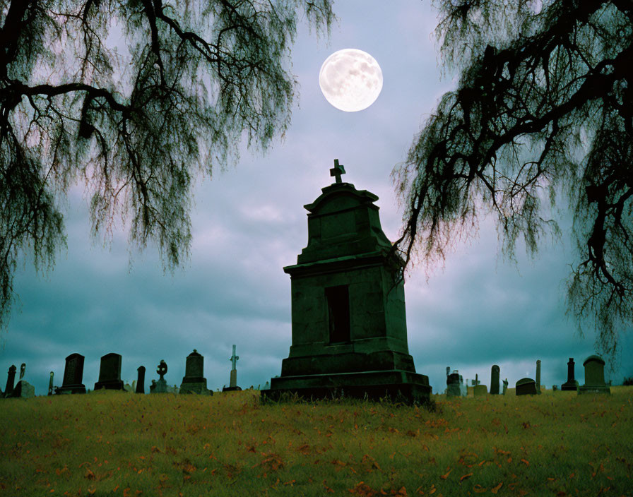 Moonlit cemetery with crypt, headstones, weeping trees, full moon, and eerie night sky