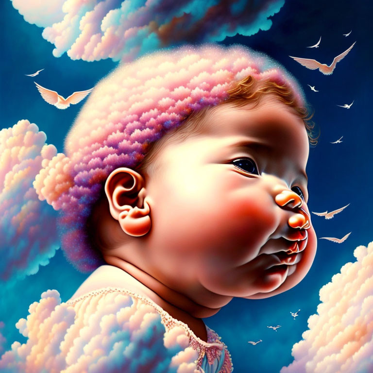 Surreal Baby Illustration with Exaggerated Features and Colorful Sky