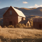 Rural landscape with old farmhouse, barn, and rolling hills