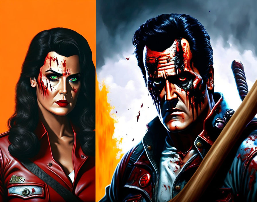 Comic book characters with battle-damaged faces in fiery and stormy backdrop