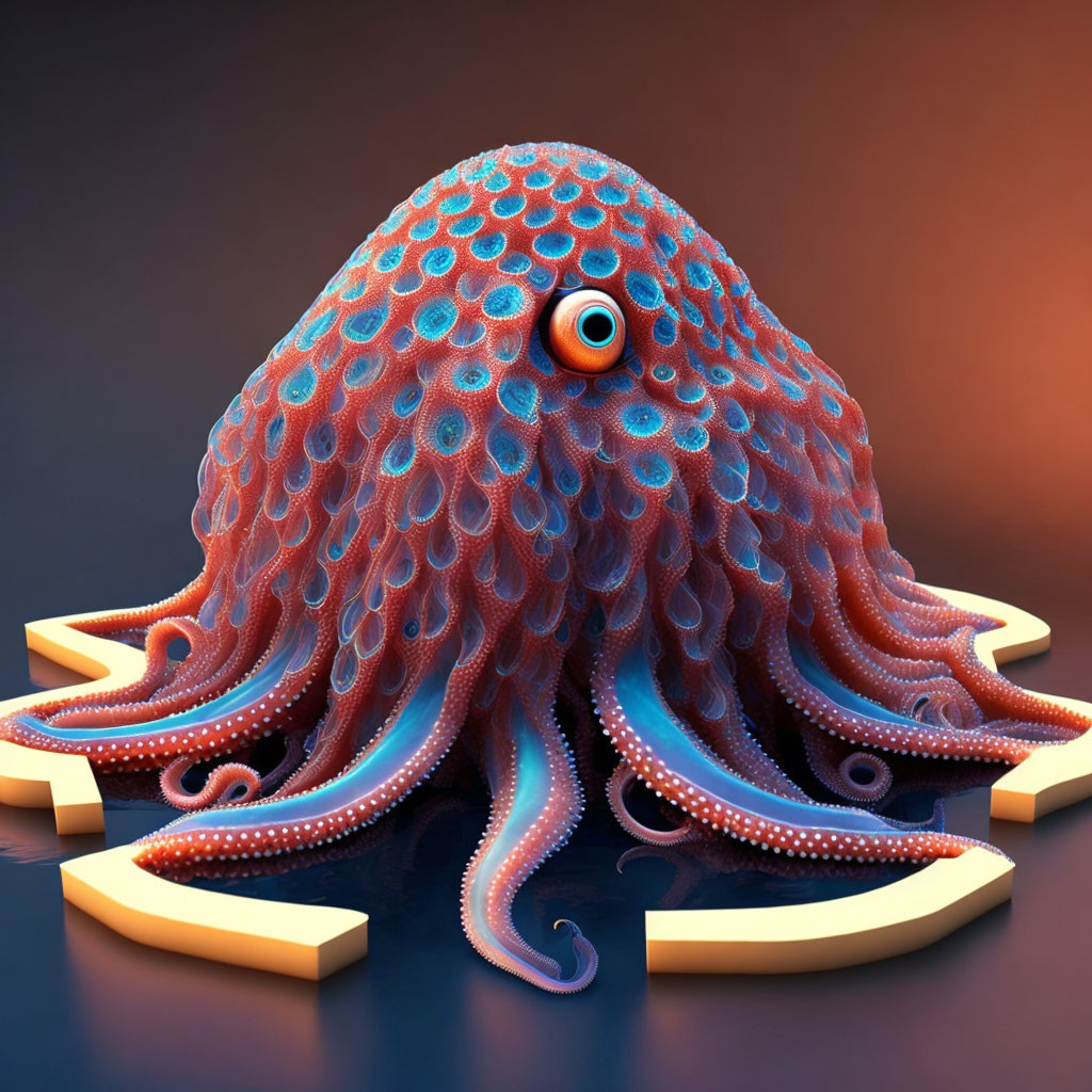 Stylized 3D-rendered octopus on golden platform against gradient background