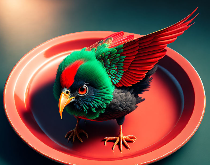 Vibrant bird with green and red plumage on red plate against teal backdrop