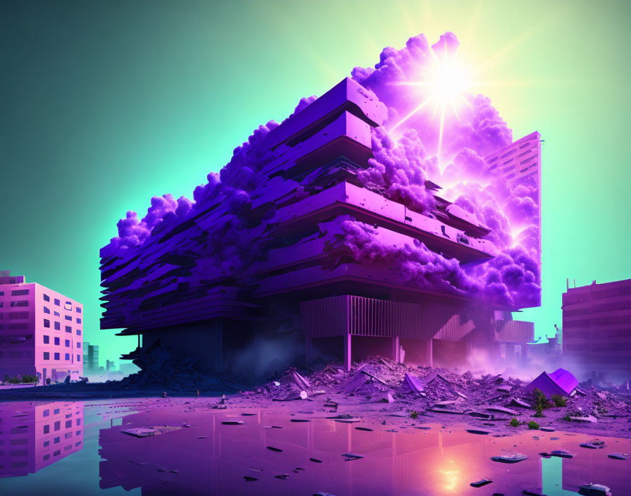 Futuristic building with collapsing floors in surreal pink and blue landscape